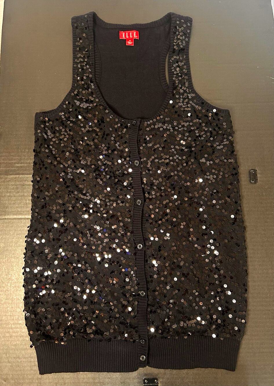 ELLE Women's Black Sequin Button-Front Knit Sweater Vest Scoop Neck Size M